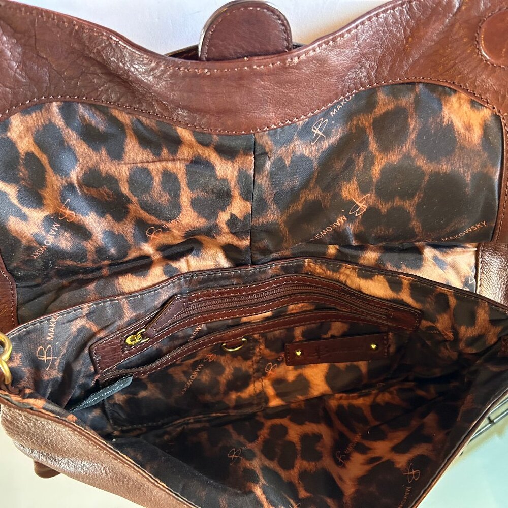 B. Makowsky Brown Leather Shoulder Bag/Clutch  Gold Hardware Y2K Leopard Lined - Picture 6 of 10
